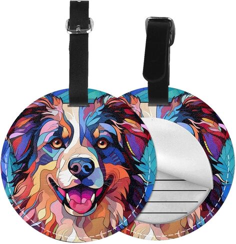 Australian Shepherd Stained Dog Breed Glass Art 2 Pcs Luggage Tag for Suitcase,Name Bag Tags, Round Baggage Identifiers with Privacy Cover,Leather Id Label for Women Men Travel in Saudi Arabia