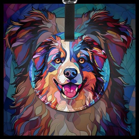 Australian Shepherd Stained Dog Breed Glass Art 2 Pcs Luggage Tag for Suitcase,Name Bag Tags, Round Baggage Identifiers with Privacy Cover,Leather Id Label for Women Men Travel in Saudi Arabia