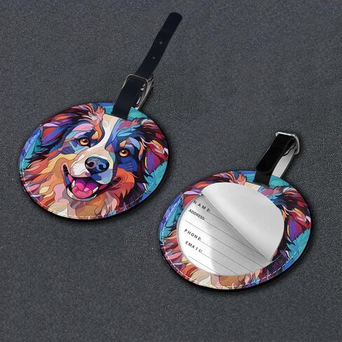 Australian Shepherd Stained Dog Breed Glass Art 2 Pcs Luggage Tag for Suitcase,Name Bag Tags, Round Baggage Identifiers with Privacy Cover,Leather Id Label for Women Men Travel in Saudi Arabia