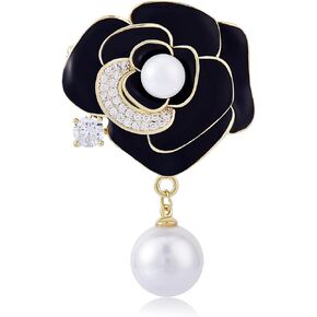Ornaland Pearl Camellia Flower Brooch Pin Rhinestone Crystal Brooch Flower Lapel Pin for Birthday Party Anniversary T-shirt Dress Clothing Accessories Jewelry Gift