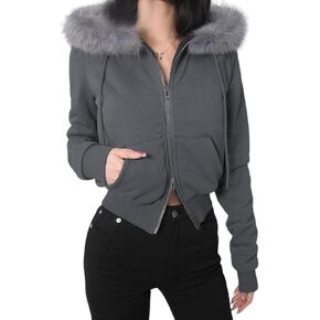 Faux Fur Trim Hoodies for Women, Y2k Long Sleeve Cropped Sweatshirt, Zip Up Jacket with Fur Hood Vintage Outfit