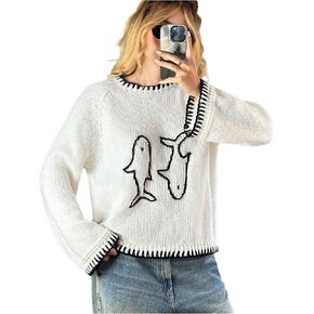 SHENHE Women's Oversized Graphic Pullover Sweater Crew Neck Cute Soft Knitted Sweater