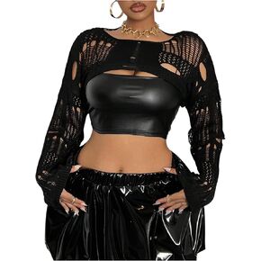 Women's Plus Size Crochet Tops Long Sleeve Boat Neck Hollow Out Crop Sweater Knit Pullover Tops