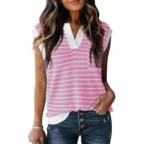 Dokotoo Women's Summer Short Cap Sleeve Sweaters Tops Casual Striped Color Block V Neck Polo Knit Shirts Blouses