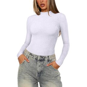 REORIA Womens Lace Crew Neck Bodysuits Long Sleeve Double Lined Going Out Fashion Tops 2024 Trendy