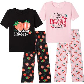 Vopmocld Big Girls' Short Sleeve Long Pants Pajama Sets 4PCS Cartoon Patterns Strawberry Cute Cherry Sleepwear Nighty Lounge