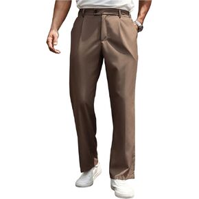 GORGLITTER Men's Zipper Fly Pleated Suit Pants Straight Leg Work Trousers with Pockets