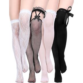 4 Pairs Women Lace Thigh High Stockings with Bow Fishnet Knee High Socks for Chirstmas Valentine's Day