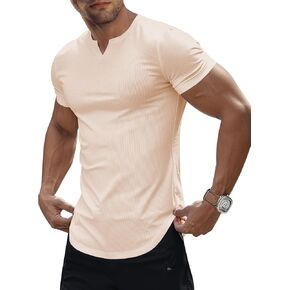JMIERR Men's Muscle V-Neck T Shirt Short Sleeve Longline Ribbed Henley Shirt Gym Workout Athletic Tee Shirts