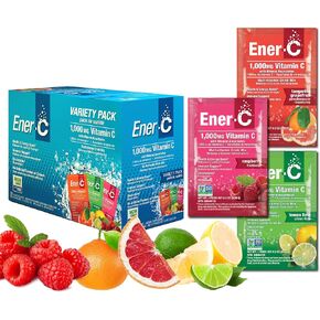 حزمة Ener -C Variety Pack Multivitamin Mix Powder فيتامين C 1000mg والكهارل مع دعم طبيعية من عصير الفاكهة الطبيعي والمناعة للنساء والرجال - خالية من النباتات غير المعدلة وراثيًا - 30 عددًا