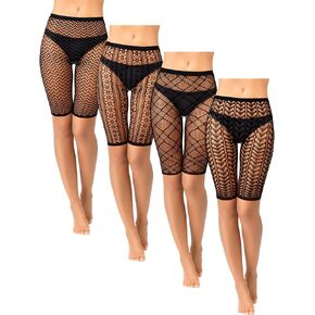 Newcotte 4 Pcs Fishnet Shorts High Waisted Mesh Short Leggings See Through Fishnet Tights Cover up Shorts for Women (Simple)