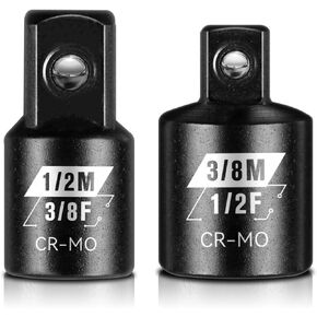 2PCS Impact Socket Adapter and Reducer Set, 3/8" to 1/2" & 1/2" to 3/8" Socket Adapter Set, SAE Drive Cr-Mo Steel Exceeds ANSI Standards, Square Drive Adapter for Impact Driver Wrench