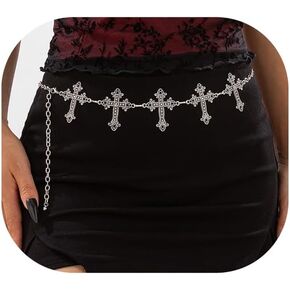 Silver Cross Pendant Waist Chain Belt,Long Waist Belt for Dress Jean Pants,Metal Stars Tassel Belly Chain Belt,Rave Outfit Link Waist Belt Jewelry for Women
