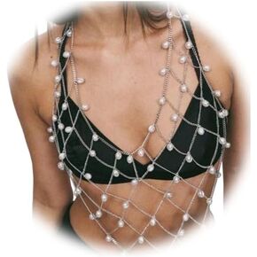 Summer Boho Pearl Bra Body Chain Bikini ​Beads Lingerie Chain Necklace Crystal Bead Body Chain Jewelry Trend Festival Pearl Waist Jewelry for Women (Silver)
