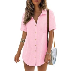 Women's Swim Cover Up Short Sleeve Polo Shirts Crochet Dressy Casual Button Down Blouses 2025 Summer Outfits