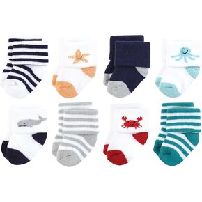 Hudson Baby Baby Infant Boy Cotton Rich Newborn and Terry Socks, Sea Characters, 0-6 Months, Blue