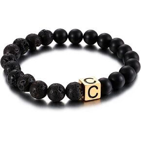 MEN A-Z ORIAL BEAD BEAD BEADECELET ، Lava Rock Black Agate Nature Stone Letter Bracelet للرجال ، مجوهرات سوار الكفة القابلة للتعديل للرجال