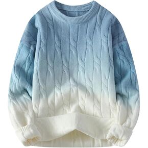 Men Gradient Color Sweater Loose Cable Knit Pullover Sweater Unisex Chunky Twist Jumper Tops