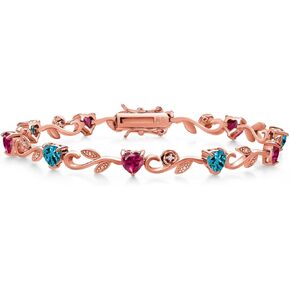 Gem Stone King 18K Rose Gold Plated Silver Heart Shape London Blue Topaz Red Created Ruby and Round White Lab Grown Diamond Greek Vine Flower Tennis Bracelet For Women (5.79 Cttw, 7.5 Inch)