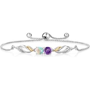 Gem Stone King 0.99 Ct Purple Amethyst White Simulated Opal 925 Silver and 10K Yellow Gold Lab Grown Diamond Bracelet For Women