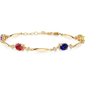 Gem Stone King 18K Yellow Gold Plated Silver Personalized and Customized 4-Stone Gemstone Birthstone and White Lab Grown Diamond Tennis Bracelet For Women 6 Inch + 1 Inch Extender
