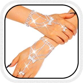GORTIN Rhinestone Gloves Silver Butterfly Fingerless Glove Crystal Prom Wedding Hand Chain for Women