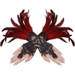 Zando Women's Feather Lace Long Gloves Halloween Feather Gloves Adult Lace UP Fingerless Gloves for Women Wrist Cuffs