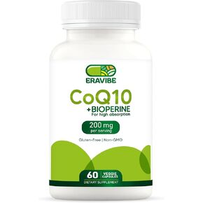 Pure CoQ10 + Bioperine, High Absorption, 200 mg per Serving, 60 Veggie Capsules, Antioxidant, Gluten-Free, Non-GMO