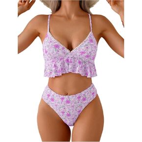 Verdusa Women's 2 Piece Boho Floral Tankini Set Ruffle Camisole Tops with Bottom
