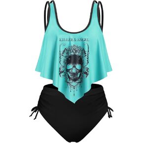 Rosegal Womens Plus Size Curve Gothic Skull Print Ruffled Tankini Swimwear Set