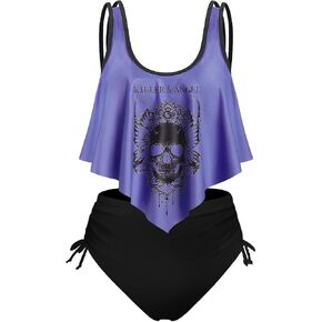 Rosegal Womens Plus Size Curve Gothic Skull Print Ruffled Tankini Swimwear Set in Kuwait