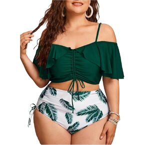 Women's Plus Size Two Piece Tankini Sets Off Shoulder Ruffle Drawstring High Waisted Textured Swimsuits
