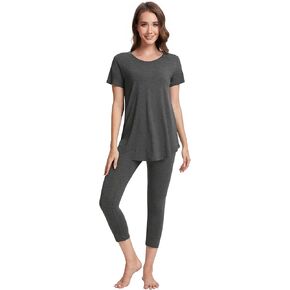 WiWi Women's Pajama Set 2 Piece Short Sleeve Tunic Top Capri Leggings Sleepwear Soft Pjs Viscose from Bamboo S-XXL