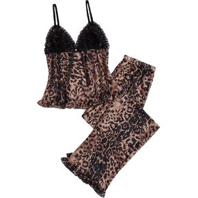 Gorglitter Women's 2 قطعة Leopard Mesh Pajama Set Frill Trim Bow Front Cami Top Pants مجموعات ملابس النوم