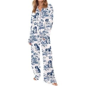 Sheshow Satin Pajamas for Women مجموعة طويلة الأكمام زر أسفل الحيوانات طباعة PJS مجموعات 2 قطعة صالة ملابس النوم XS-XXL