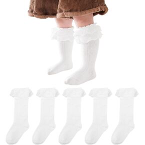 MEESHINE 5 Pack Baby Girls Knee High Socks Infants Toddler Eyelet White Cotton Ruken Mesh Double Lace Long Long