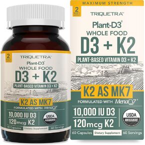 النبات العضوي D3 + K2 | 10000 IU D3 + 120 MCG K2 As All -Trans MK7 من MENAQ7® - 100 ٪ طعام كامل ، Raw & Vegan | تعزيز الهضم مع مجمع prebiotic & superfood - D3 من الطحالب العضوية (60 عدد)