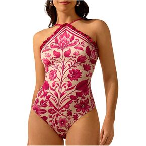 WDIRARA Women's Boho Floral Print Halter Bodysuit Frill Trim Sleeveless Leotard Top