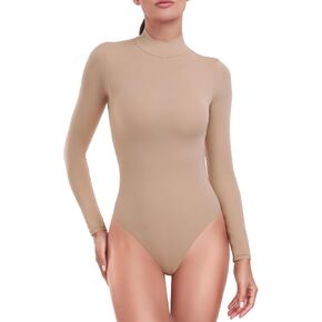 Heynuts Women Women Ultra Long Long Sleeve Phictleneck Podysuit ، عالي قطع مزدوجة المبطنة لخزان البطن TOPS BODYSUT LEOTARD MICA WHITE S (4/6)