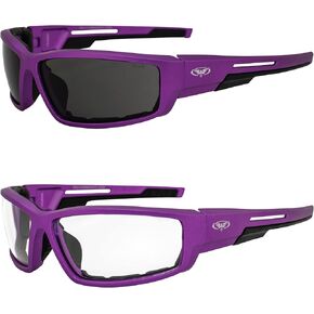 Global Vision Sly Padded Motorcycle Glasses for Women Sunglasses 2 Pair Purple Metallic Frames w/Smoke & Clear Lenses