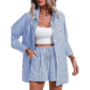 Women's 2 Piece Outfits Striped Button Down Long Sleeve Shirt and Drawstring Shorts Set