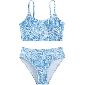 Floerns Girl's 2 Piece Bathing Suit Marble Print Spaghetti Strap Beach Bikini Set