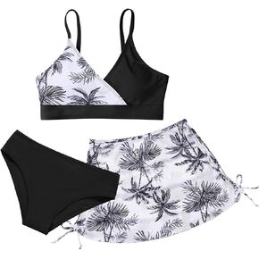 ESHOO Girls Swimsuit 3 Piece Bikini Set Tropical Print Cross V Neck Bathing Suits Girls' Swimwear with Cover Up Skirt 10-16T
