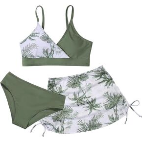 ESHOO Girls Swimsuit 3 Piece Bikini Set Tropical Print Cross V Neck Bathing Suits Girls' Swimwear with Cover Up Skirt 10-16T in Saudi Arabia