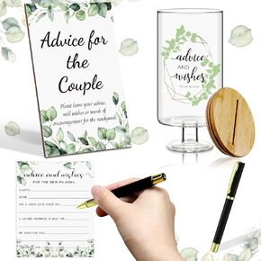 53 Pcs Advice and Wishes for The Mr and Mrs Advice and Wish Glass Jar Alternative Wedding Guest Book Keepsake Box Games Greenery Wooden Wedding Sign Decorations for Reception Bridal Shower
