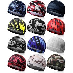 Handepo 12 Pcs Cooling Skull Cap Sweat Wicking Helmet Liner Cycling Cap Running Hat Motorcycle Beanie Liner for Men Women (Simple Style)