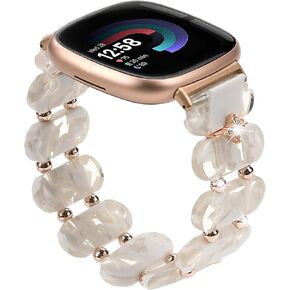 AWSMOR Stretchy Resin Watch Band Compatible with Fitbit Versa 4/Versa 3/Fitbit Sense 2/Sense Watch for Women, Tortoise Shell Watch Strap Bracelet with Metal Beads for Versa 4