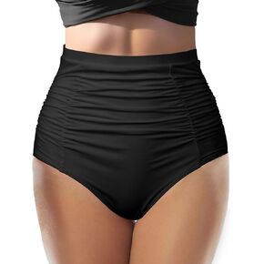 Women's High Waisted Bikini Bathing Suit Bottoms Swimsuits Tie Side Tummy Control Full Coverage Swimwear Ruched Tankini Briefs Suit Black