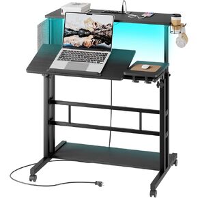 Dripex Mobile Standing Desk with Power Outlets & Strip Lights Rolling Computer Desk Adjustable Height Laptop Desk with Wheels, Portable Sit-Stand Desk Home Office Workstation, Rustic Brown