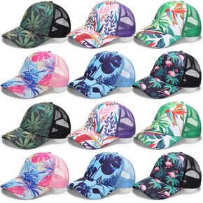 12 Pcs Tropical Hawaiian Cap Bulk Mesh Baseball Caps Adjustable Sponge Flamingo Trucker Hat UV Protection Summer Sun Hat Hummingbird Palm Leaf Snap back Outdoor Cap Party Favors for Women Men